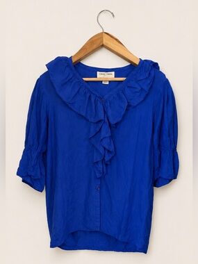 Casual Corner Vintage 90s 100% Silk Cobalt Blue Ruffle Top Renaissance Size L